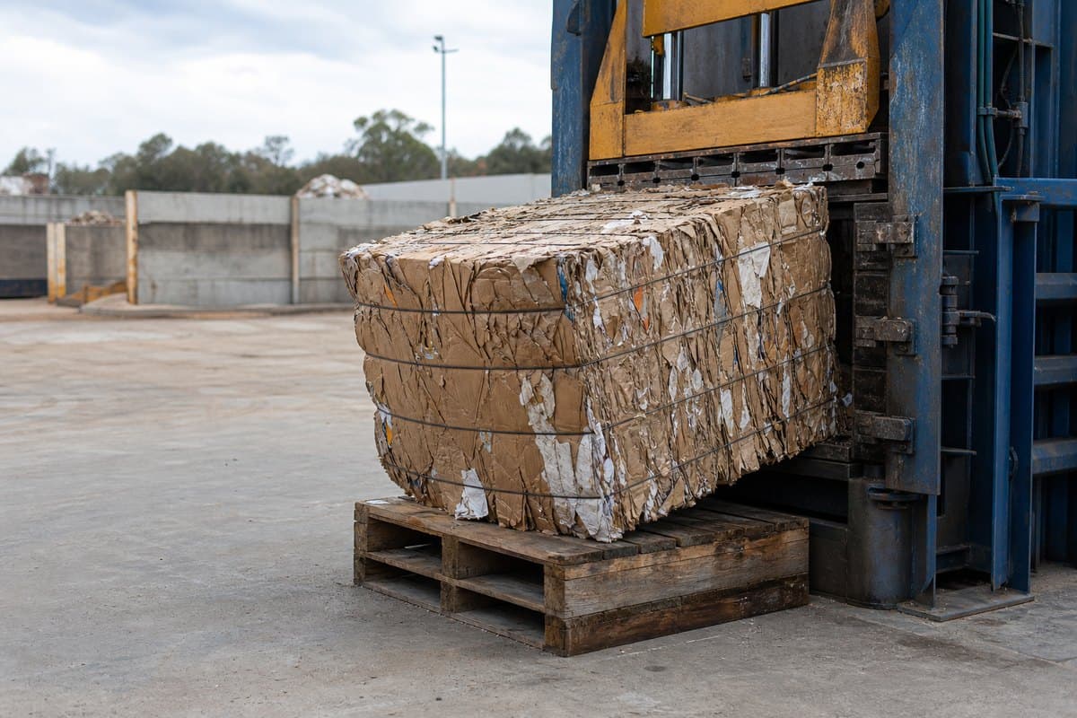 A cardboard bale leaving the baler chamber