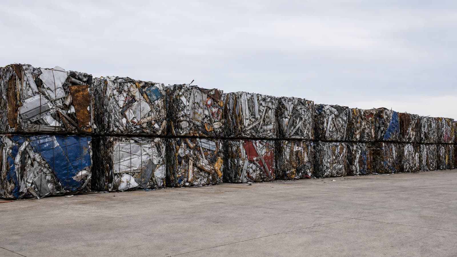 Baled scrap metal stacked on a hardstand ready for dispatch