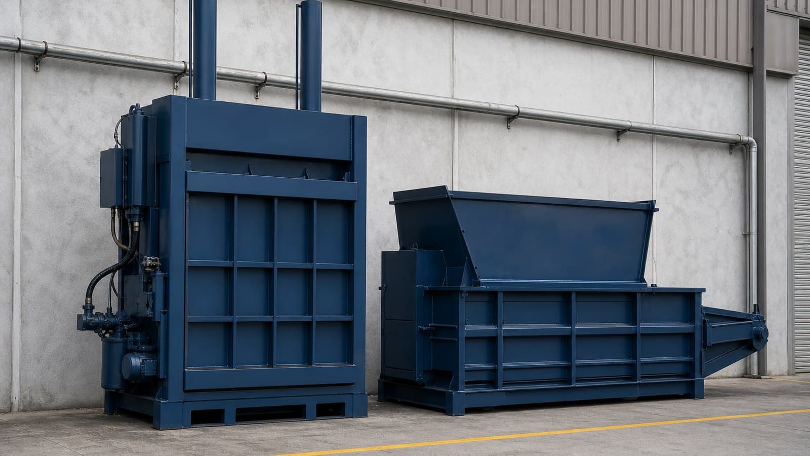 An industrial vertical baler and compactor installed at a site