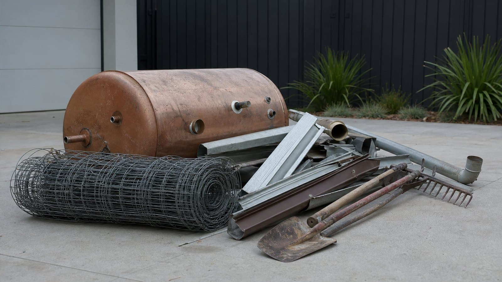 Wire fencing, steel gutter, a copper hot water cylinder and garden tools on a driveway