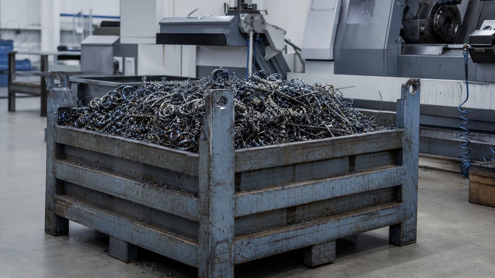 Steel swarf and production offcuts in a factory collection bin
