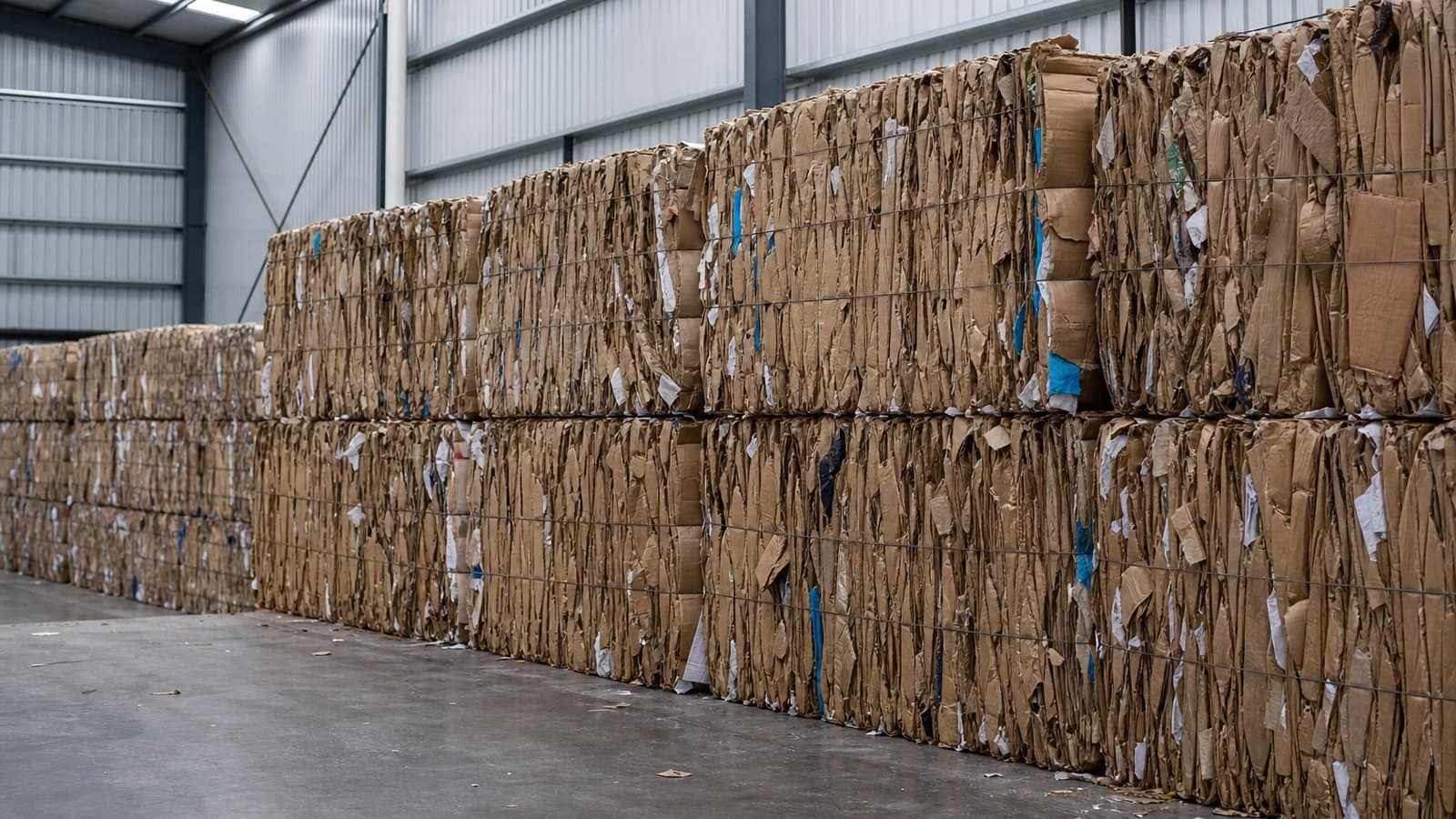Baled cardboard stacked on a warehouse floor