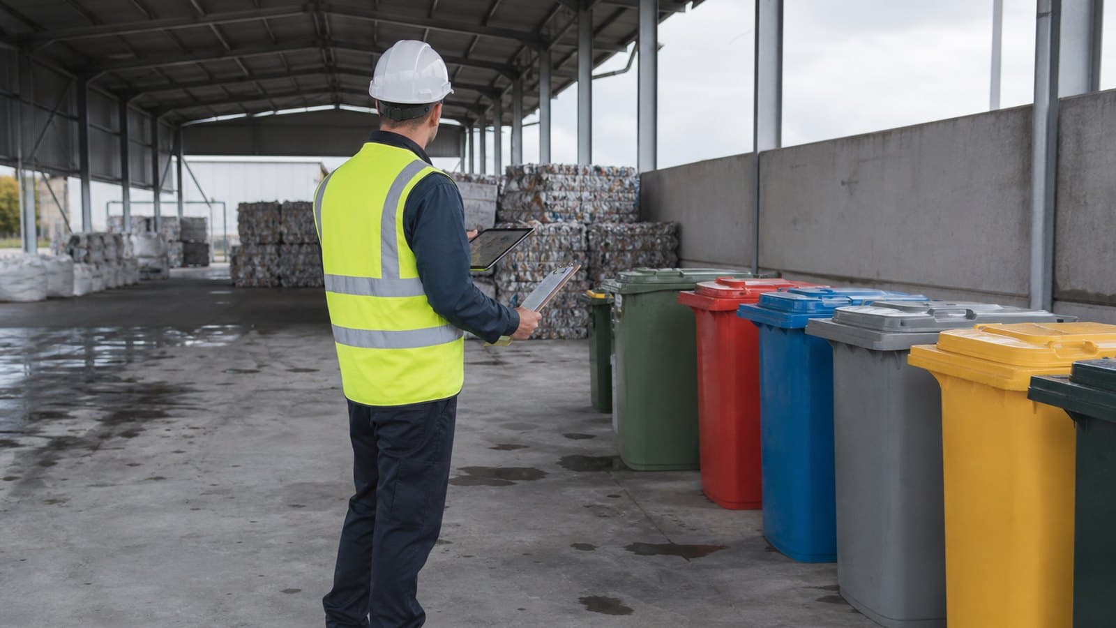 A site waste audit being carried out with a clipboard and separated bins