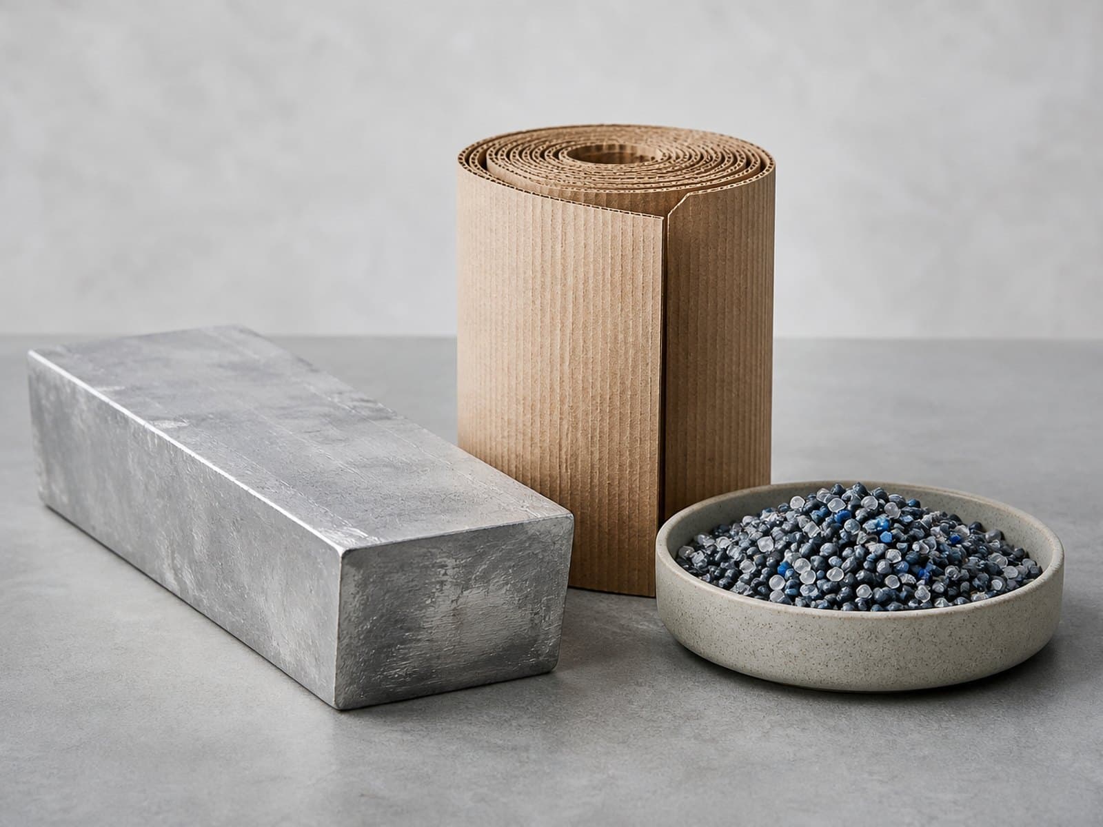 Recycled aluminium billet and new cardboard sheet side by side