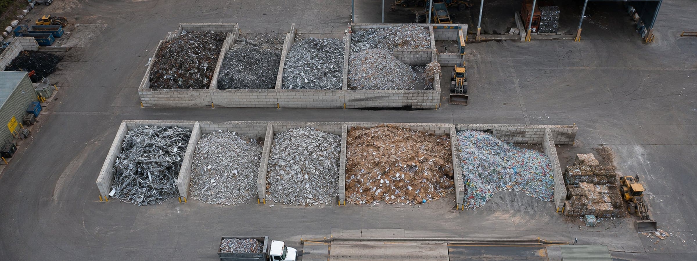 Aerial view of a recycling facility with sorted material bays