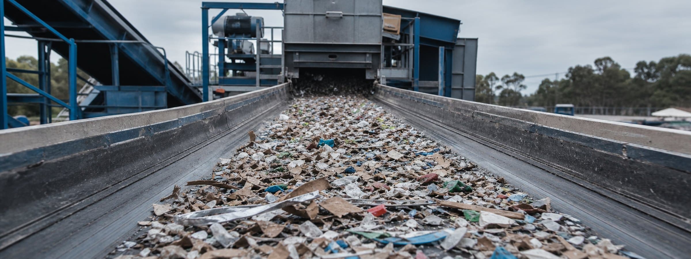 Close-up of mixed recovered materials on a sorting line