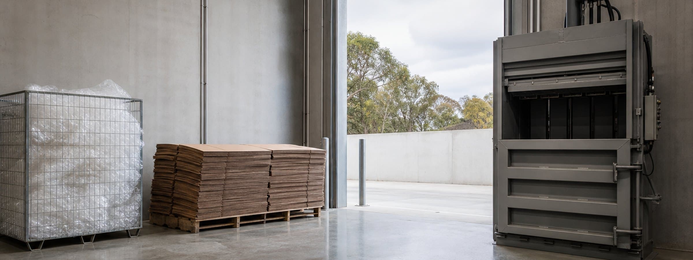 Flattened cardboard stacked beside an industrial baler on a loading dock
