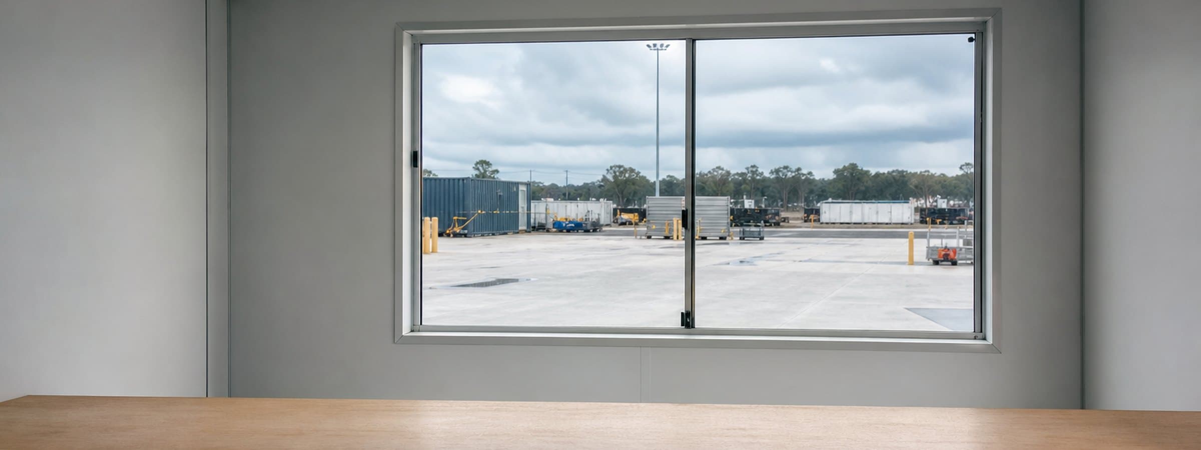 The interior of a site office looking out over the yard